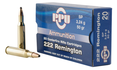 PPU Ammo 222 Rem 50gr Soft Point 1655 FPS 20/box